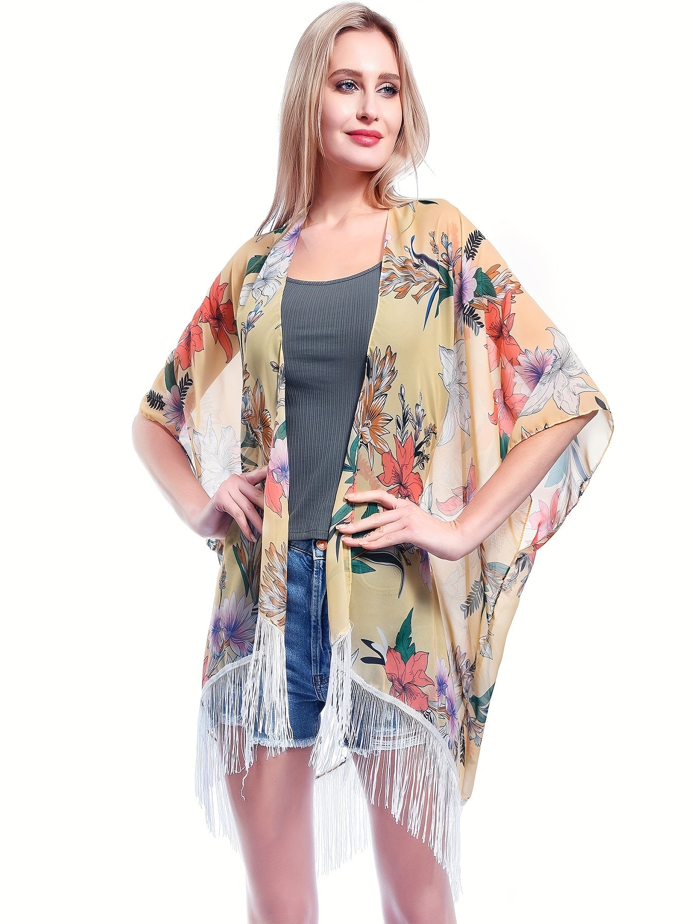  Women's Floral Print Tassel Trim Cover Up
