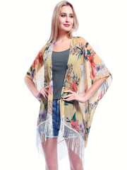  Women's Floral Print Tassel Trim Cover Up