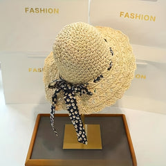 Boho Hollow Out Crochet Straw Sun Hat with Bowknot