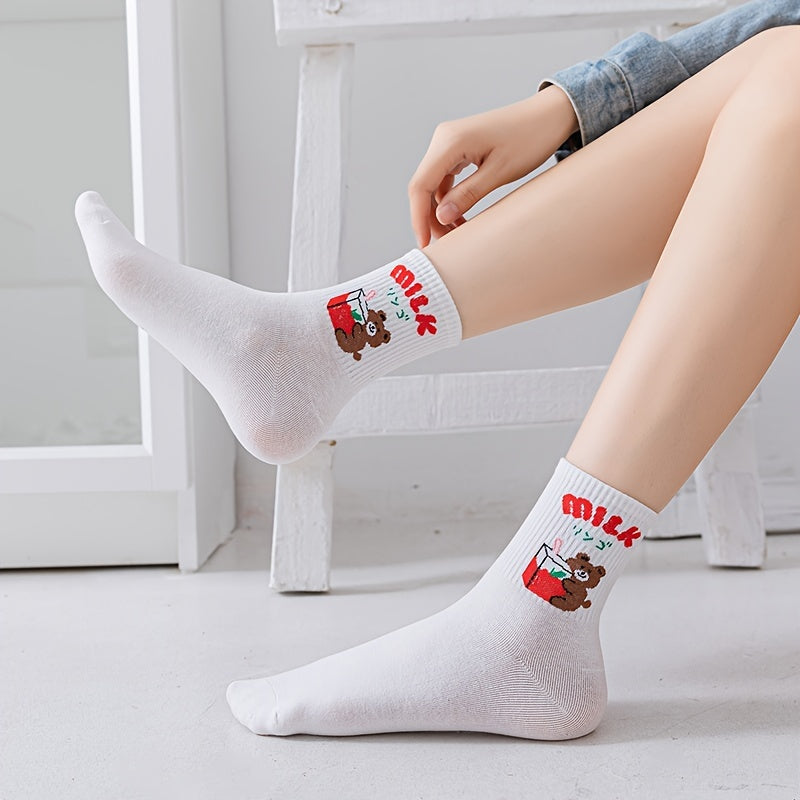5 Pairs Cartoon Animal Print Socks Women's Mid Tube Stockings & Hosiery