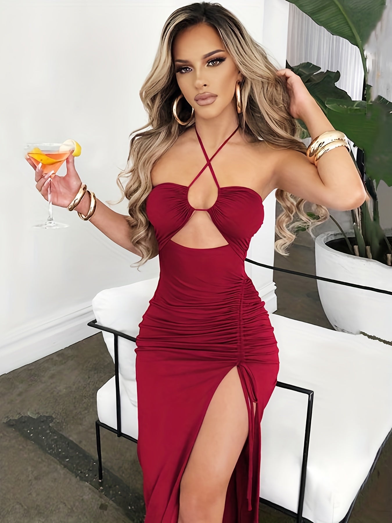 Ruffled Split Off Shoulder Dress Nightclub Sexy Drawstring Slim Dress