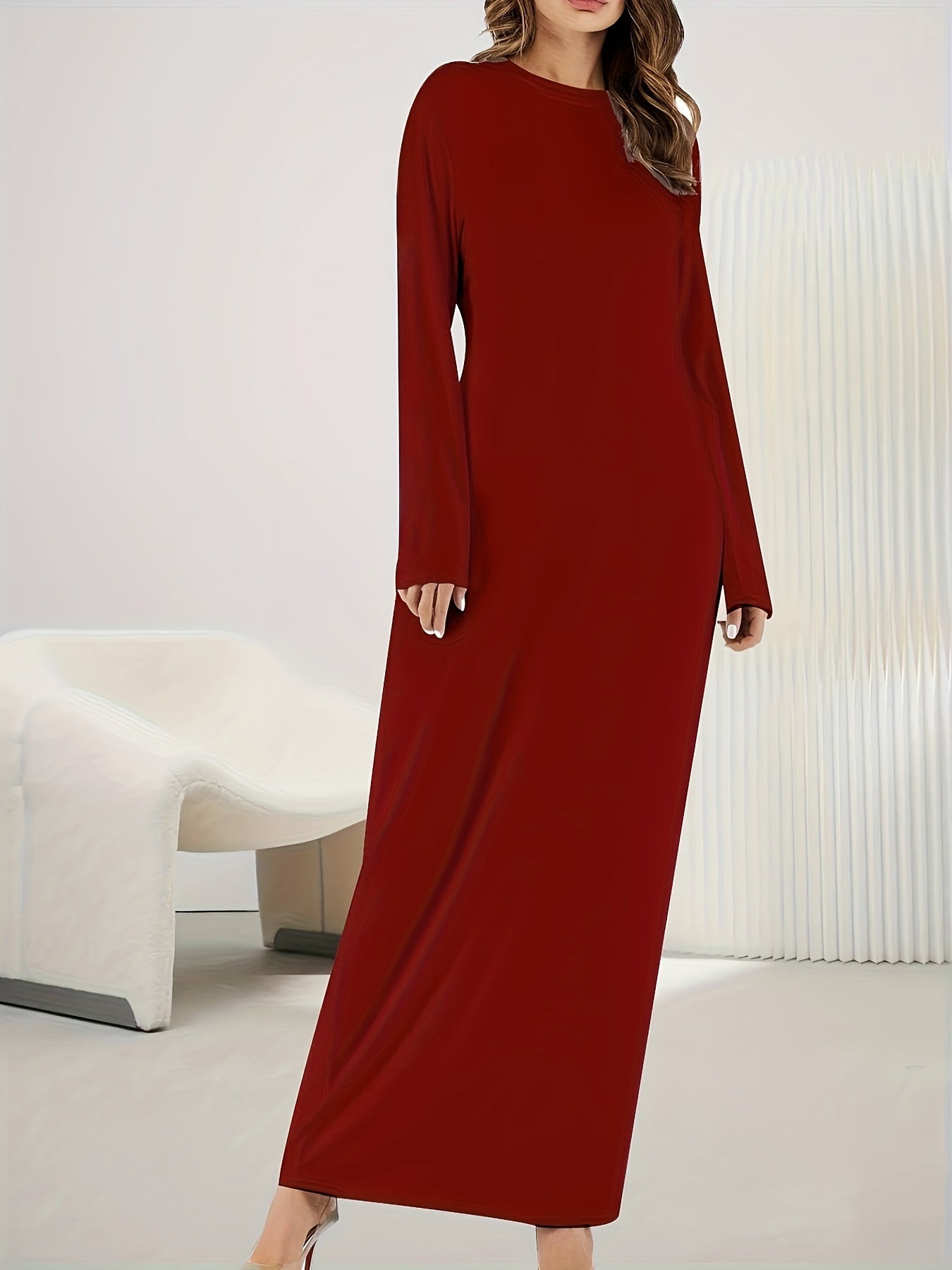  Casual Maxi Dress Solid Long Sleeve Round Neck Stretch