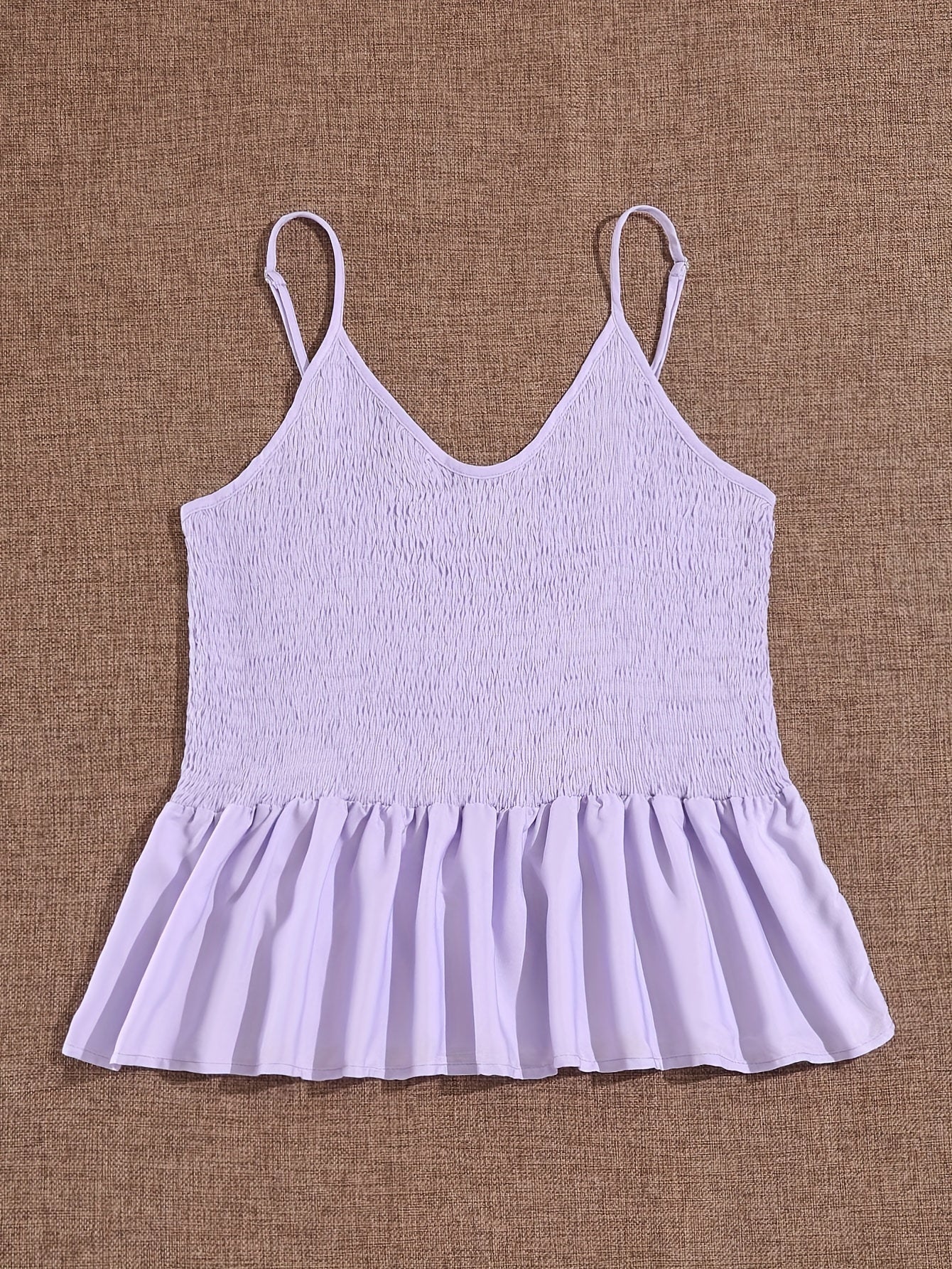  Solid Shirred V Neck Ruffle Trim Cami Top