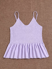  Solid Shirred V Neck Ruffle Trim Cami Top