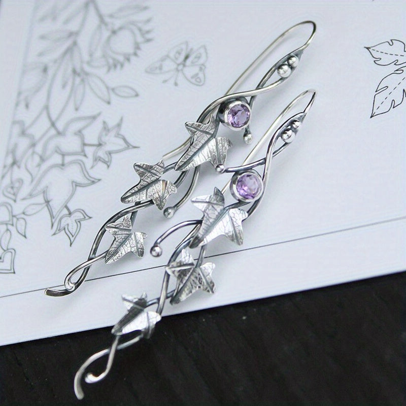 Men's Silver Leaf Dangle Earrings with Colorful Gemstones
