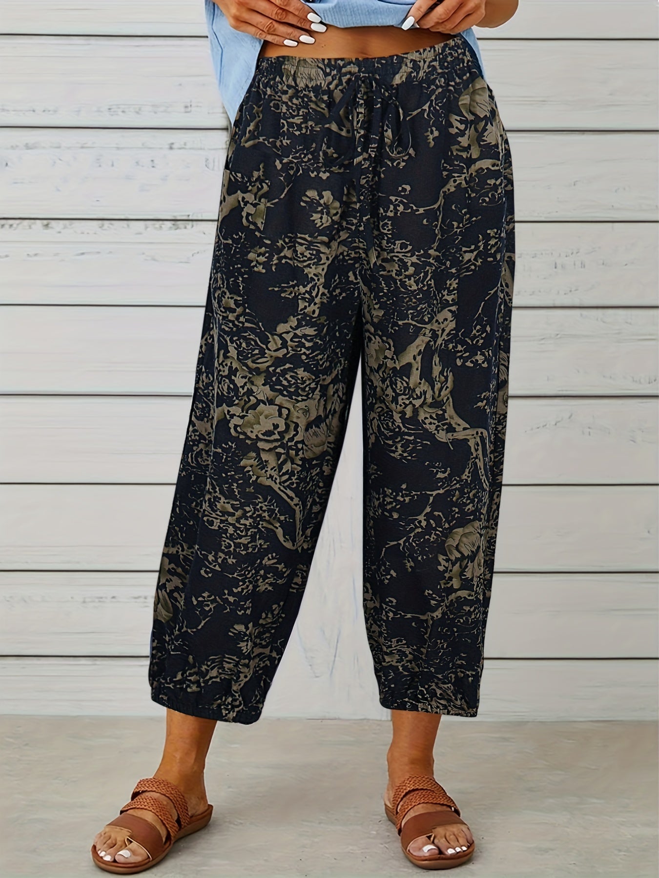  Floral Print Elastic Drawstring High Rise Slight Stretch Carrot Pants