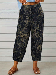  Floral Print Elastic Drawstring High Rise Slight Stretch Carrot Pants