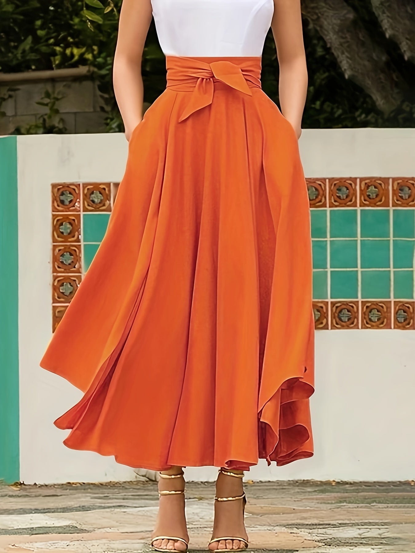  Solid Tie Front High Rise Maxi Skirt