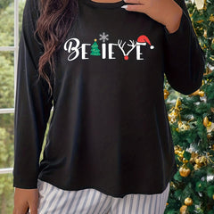 Christmas Casual Lounge Top Snowflake Print Crew Neck Pajama Tee