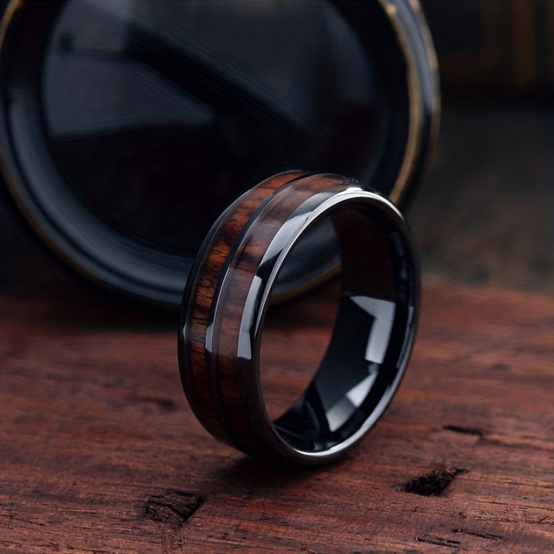 Wood Inlay Whiskey Barrel Ring Men's Wedding Band Women's En
