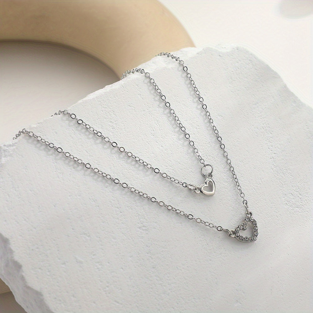 Love Faux Diamond Stacked Necklace Female Peach Heart Clavicle Chain 2pcs