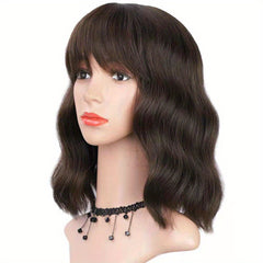 Short Bob Curly Hair Wig with Bangs Synthetic Fiber Heat Resistant for Women