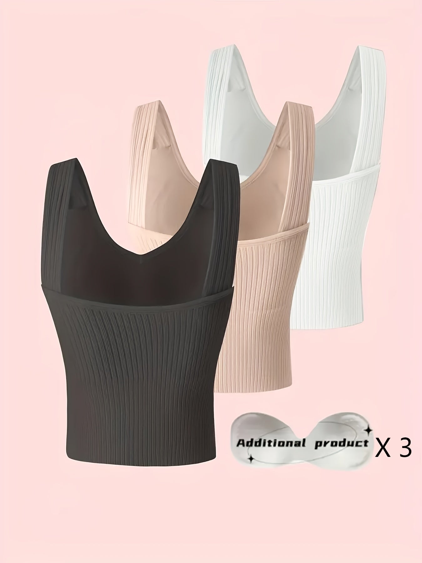 3pcs Ribbed Tank Top Bra Detachable Chest Pads Women's Lingerie