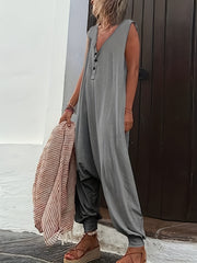  Casual Jumpsuit Solid Button Up Medium Stretch Loose Harem Jumpsuit
