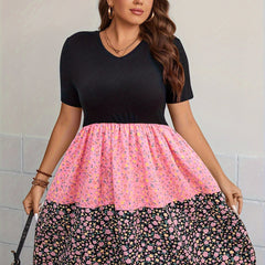  Boho Dress Women's Plus Colorblock Floral Print A Line Mini Dress