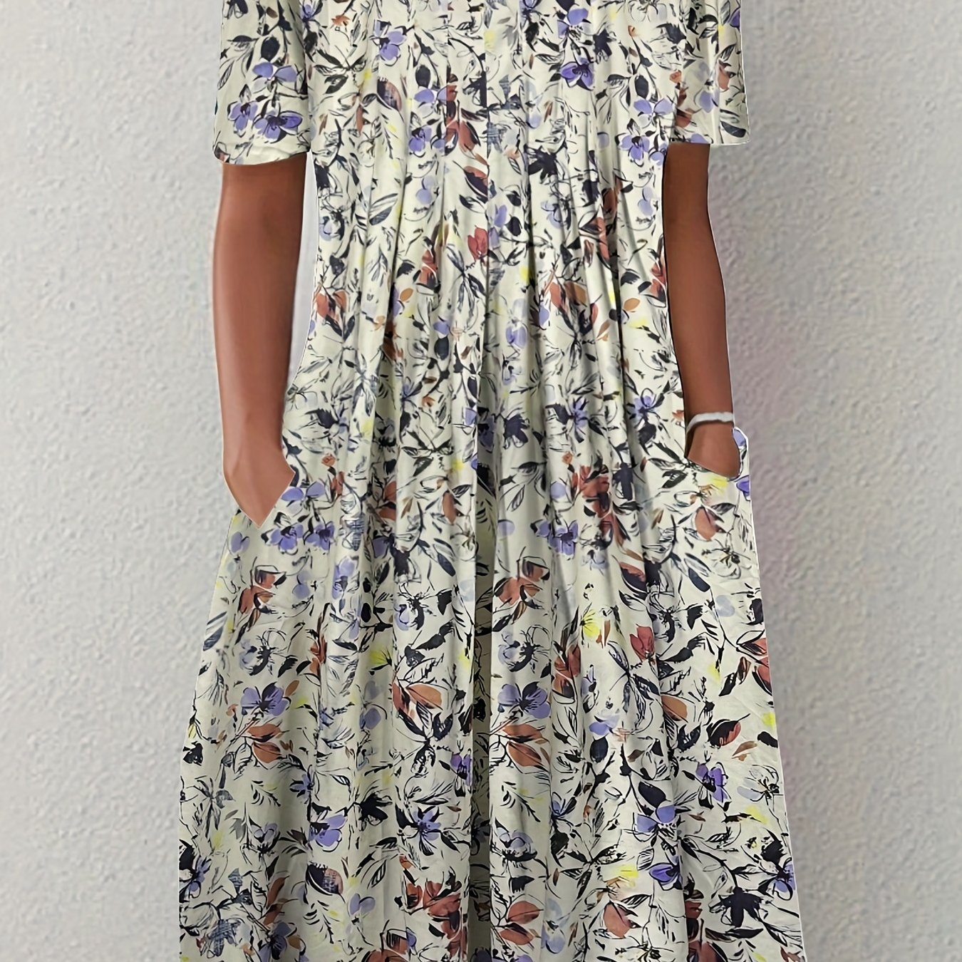  Floral Print Pleated Short Sleeve Dress