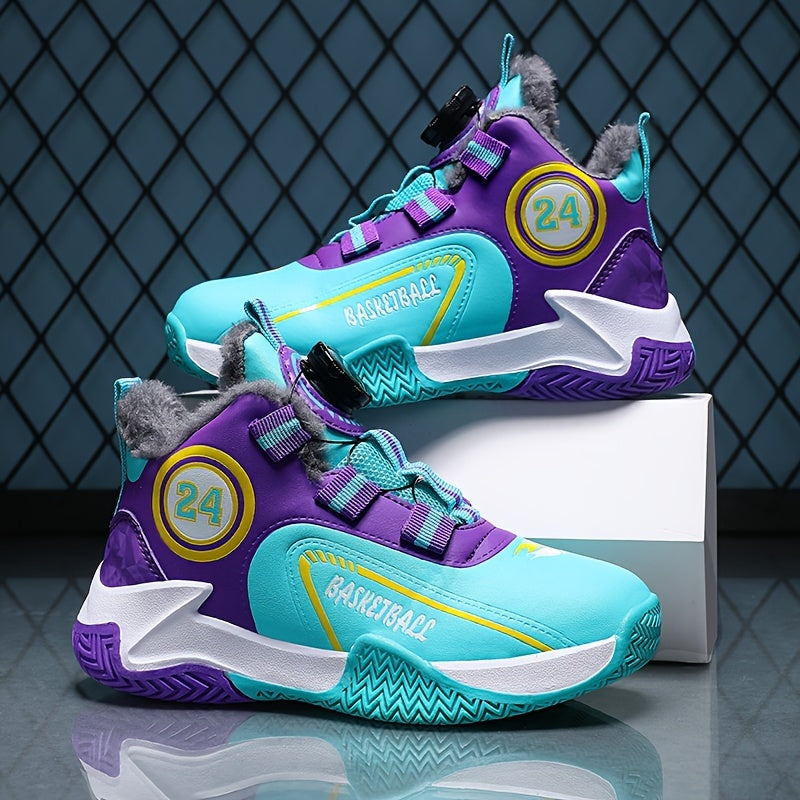 Kid's Basketball Shoes with Rotating Buckle and Plush Lining
