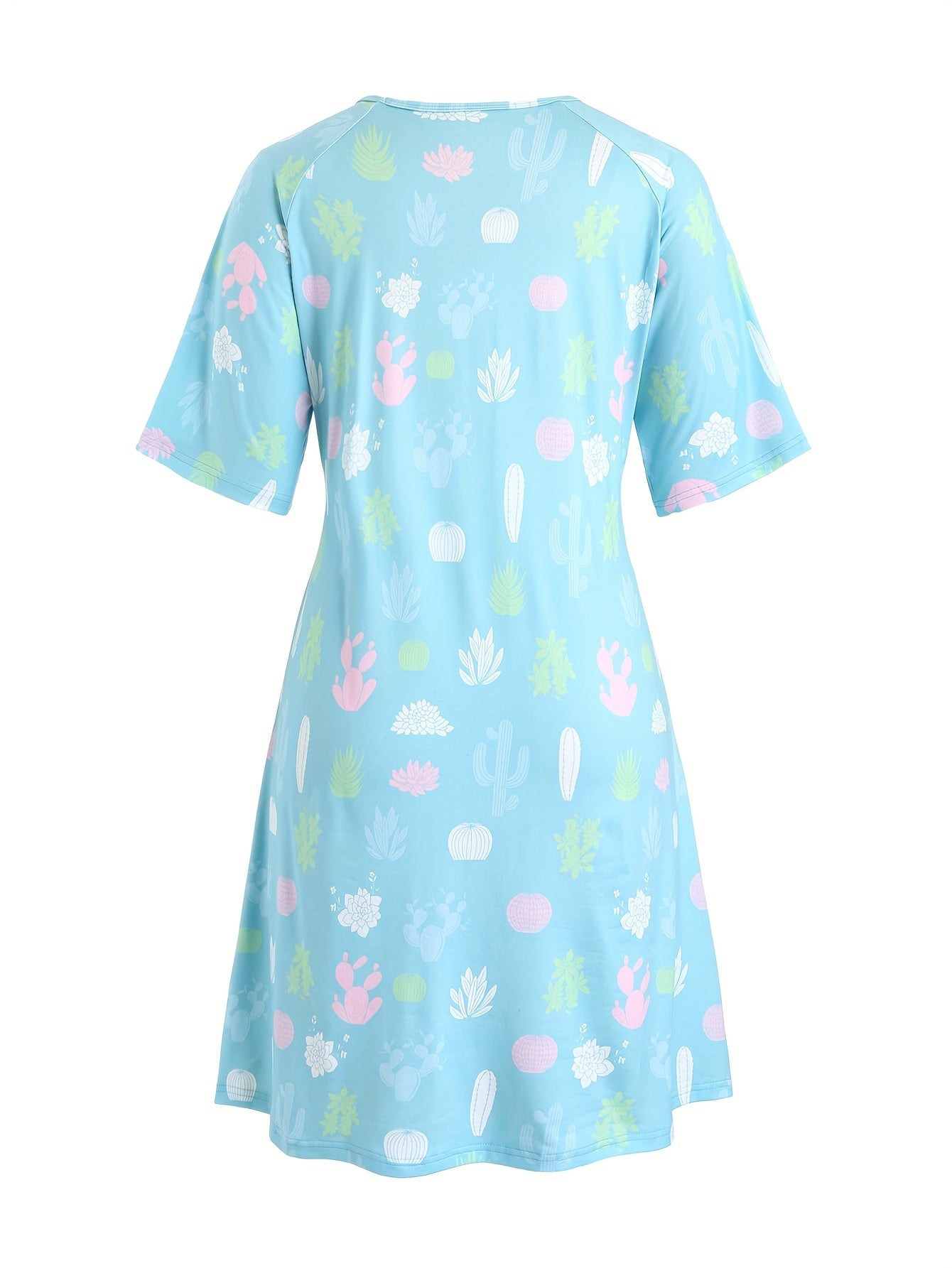  Plant Print Short Sleeve Round Neck Tee Sleep Dress