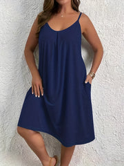 Casual Summer Dress Women's Solid Round Neck Cami Dress With Pockets