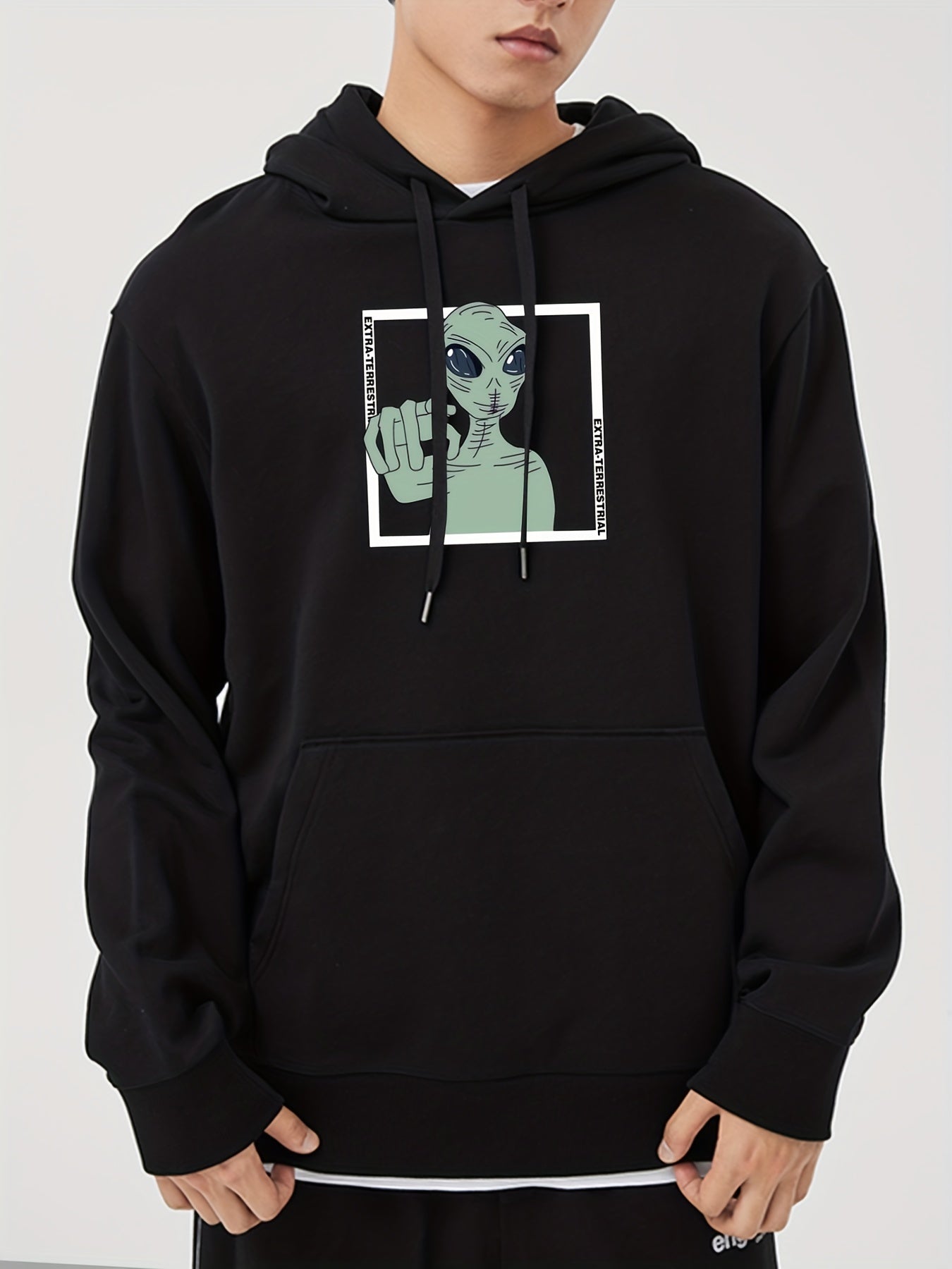 Men's Alien Print Hooded Sweatshirt Long Sleeve Drawstrings