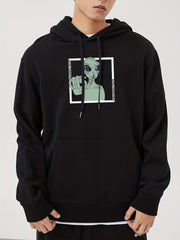 Men's Alien Print Hooded Sweatshirt Long Sleeve Drawstrings