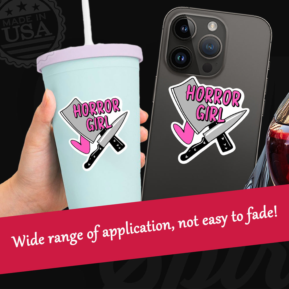 Horror Girl Vinyl Sticker Bold Pink Text & Bloody Durable Decal