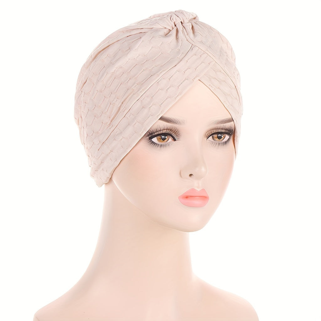 Solid Embossed Turban Cap Elastic Pleated Head Wraps Lightweight Beanie