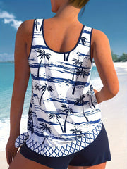 Coconut Tree Print Tankini Set - Knot Side Tank Top & Shorts S