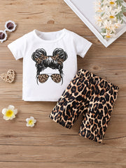 2pcs Baby Girls Leopard & Figure Print Tee Top & Shorts Set
