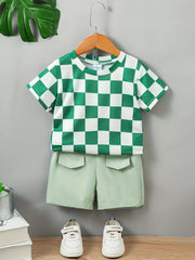 2pcs Boys Teen Checkerboard T-shirt & Shorts Set for Summer