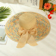 Boho Straw Sun Hat with Ribbon Bowknot for Women