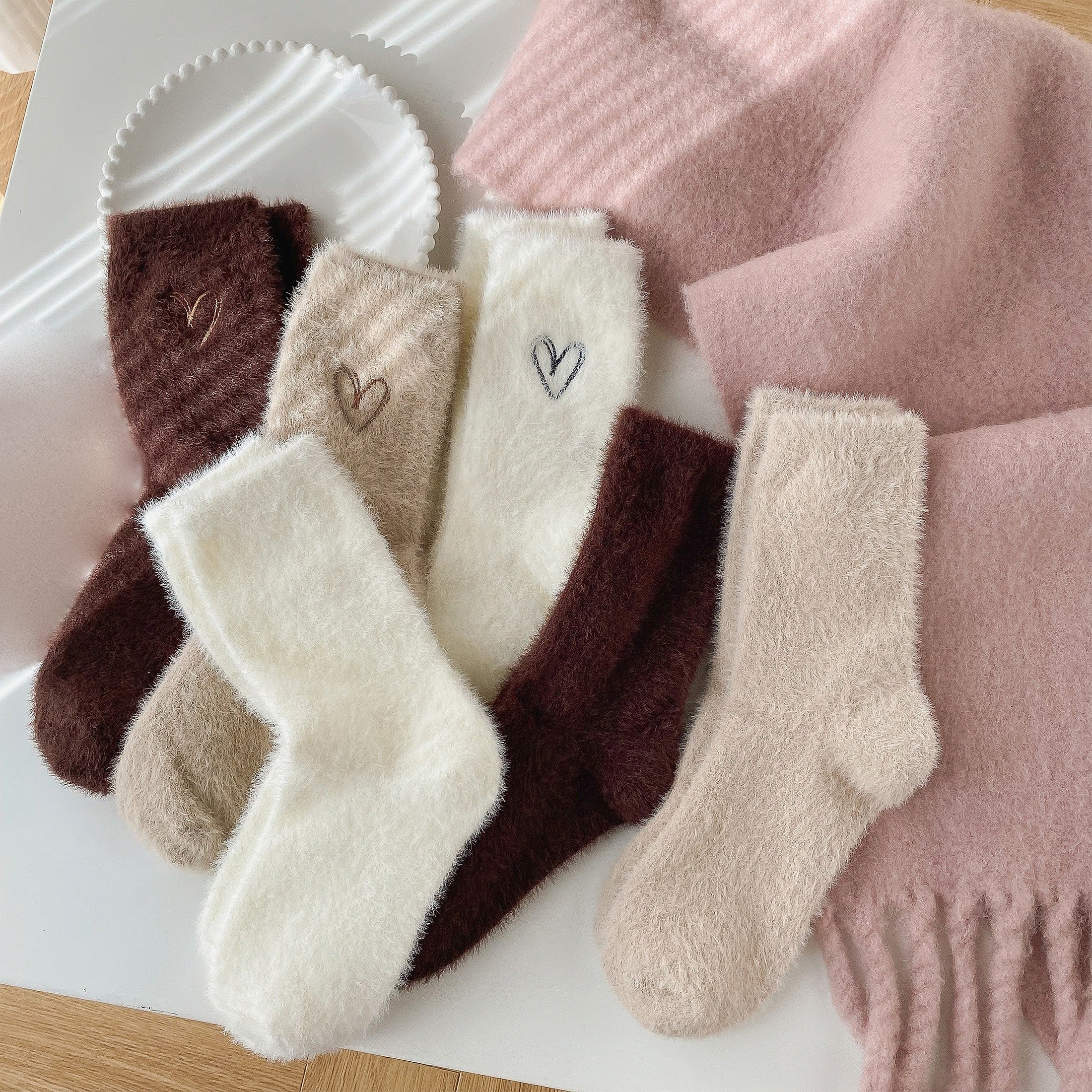 5 Pairs Heart Embroidery Socks Warm & Comfy Fuzzy Stockings