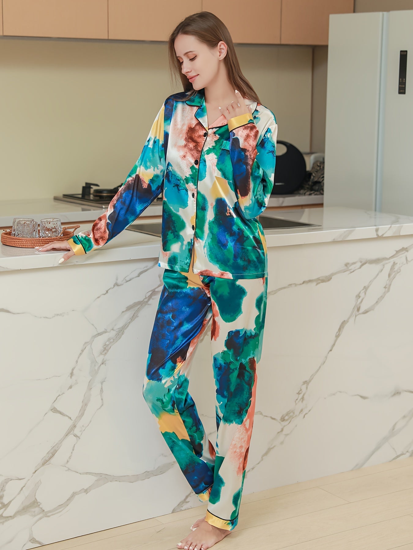 Colorblock Pajama Set Long Sleeve Top & Pants