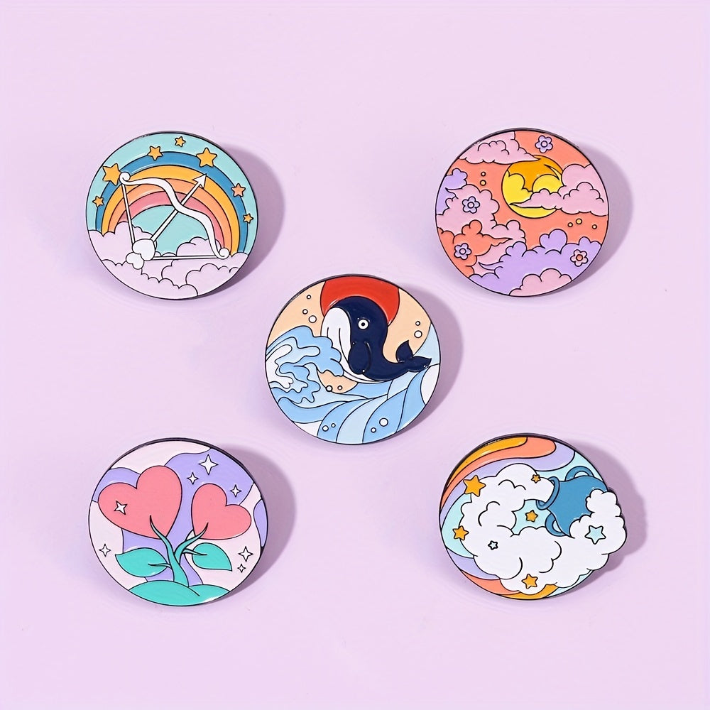 Round Geometric Dolphin Enamel Brooch Rainbow Beach Wave Pin