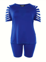 Women's Plus Solid Cut Out Tee & Biker Shorts Set