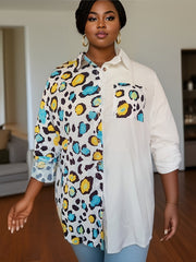  Colorblock Leopard Print Button Up Tunic Shirt