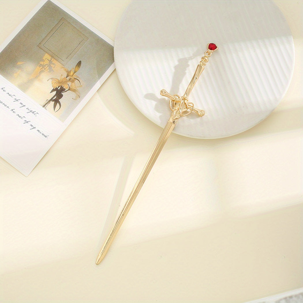 Ancient Style Sword Model Hairpin With Red Rhinestone