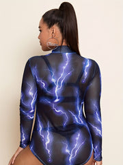  Lightning Print Long Sleeve High Neck Bodysuit