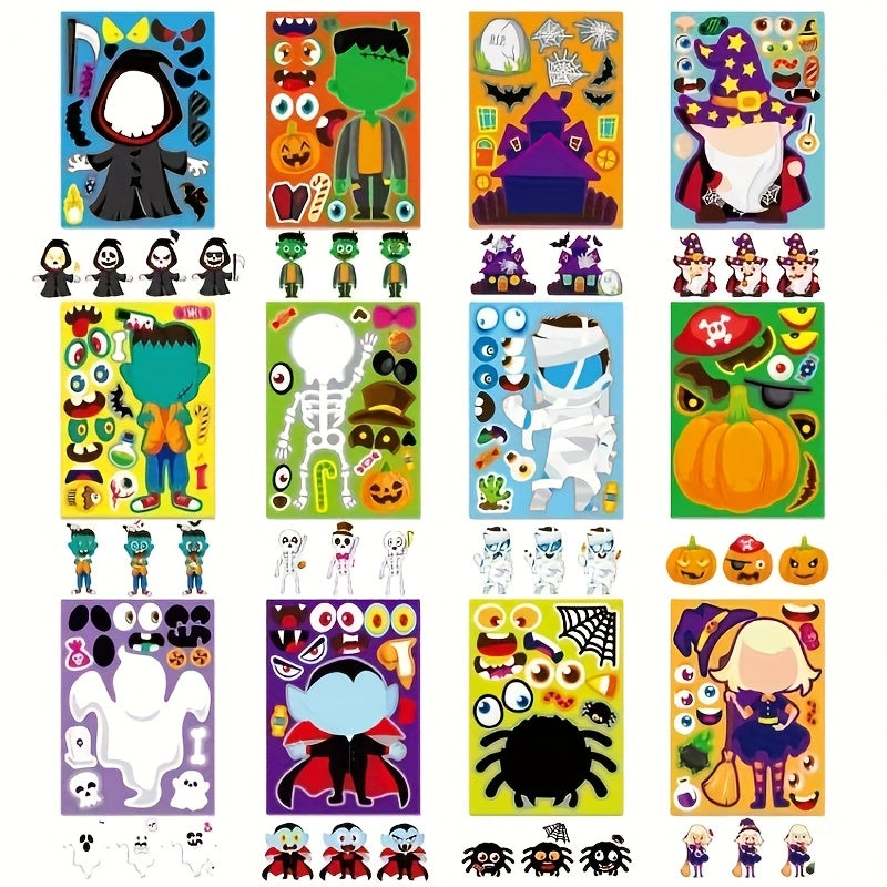 24 Halloween Face Stickers Spooky Pumpkins Ghosts Witches Self Adhesive Paper