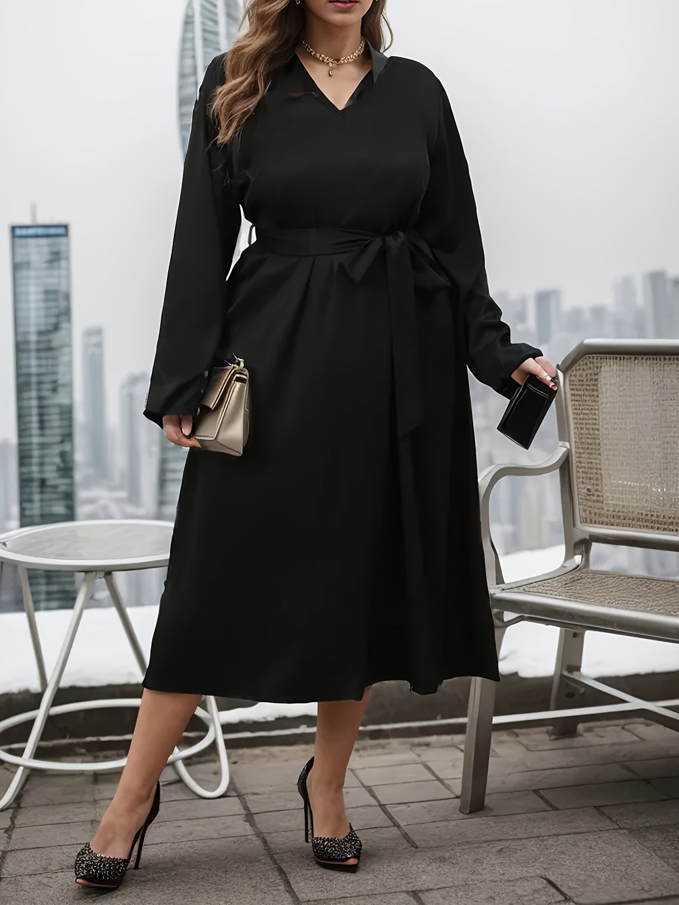  Long Sleeve V Neck Maxi Dress With Belt