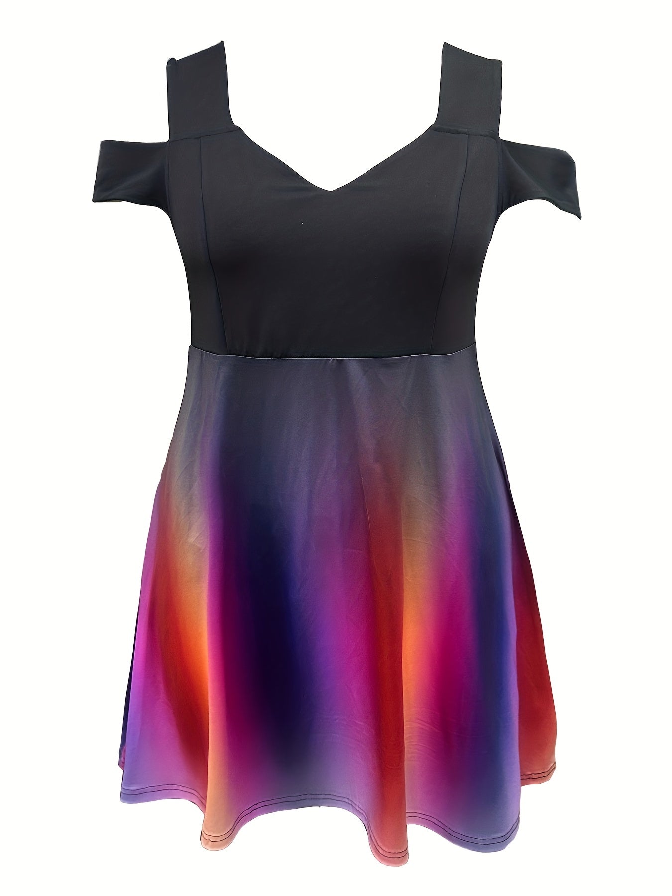  Colorblock Ombre Print Cold Shoulder Dress