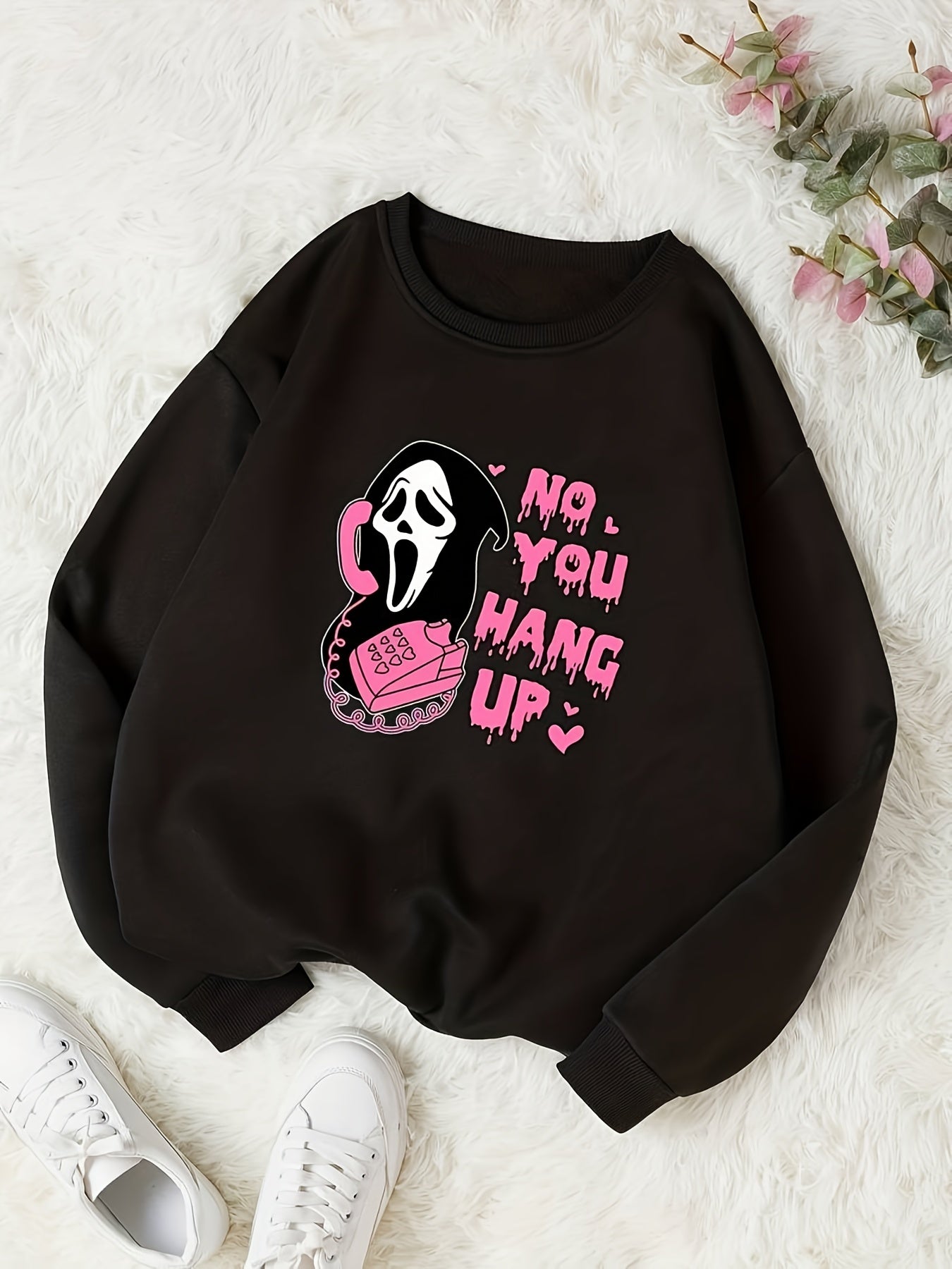 Skull & Letter Print Sweatshirt Crew Neck Casual Women's