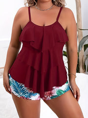  Sexy Tankini Set Ruffle Trim Cami Top & Tropical Print Shorts Swimsuit