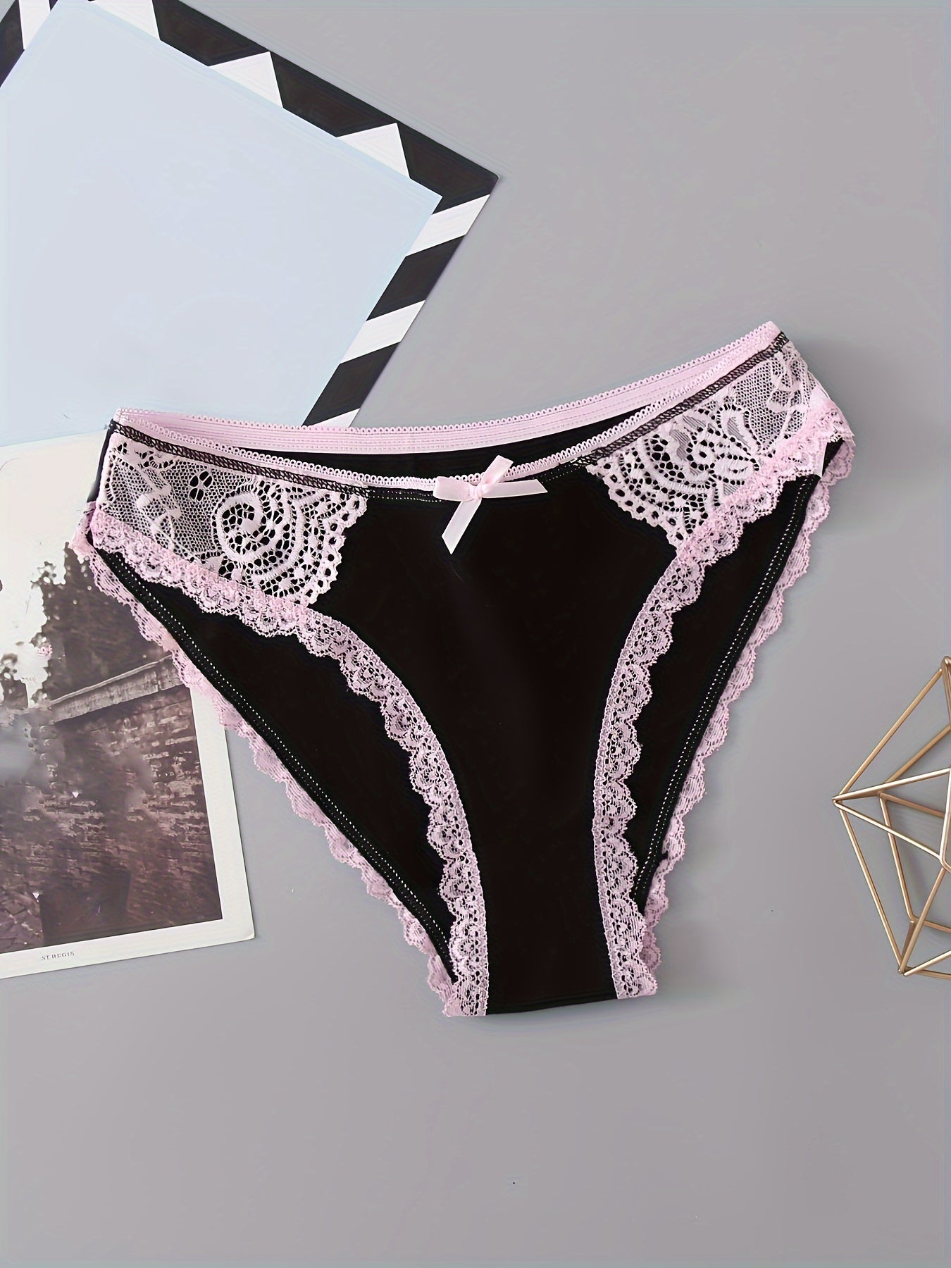 6pcs Bow Lace Bikini Panties Colorblock Intimates Lingerie Underwear