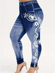  Floral & Denim Print Skinny Leggings