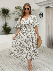  Floral Print V Neck Maxi Smock Dress