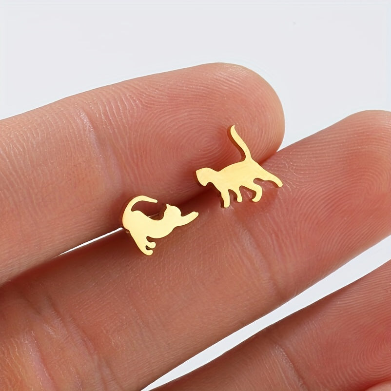 Small Stainless Steel Cat Stud Earrings For Men