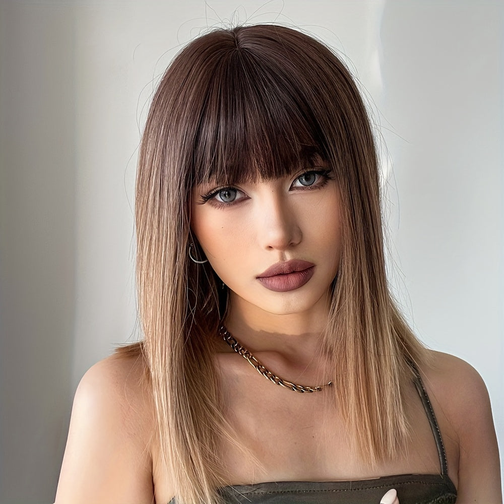 Ombre Bob Wig Straight Synthetic Hair with Bangs for Women