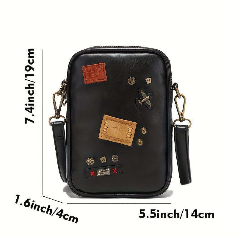 Men's Rivet Decor Leather Crossbody Bag Multifunctional Shoulder Bag
