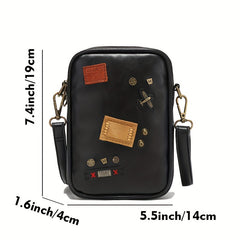 Men's Rivet Decor Leather Crossbody Bag Multifunctional Shoulder Bag